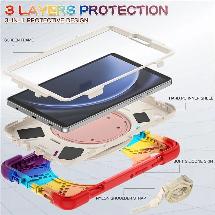 For Samsung Galaxy Tab A9 Case Rotary Kickstand PC+Silicone Cover with Shoulder Strap