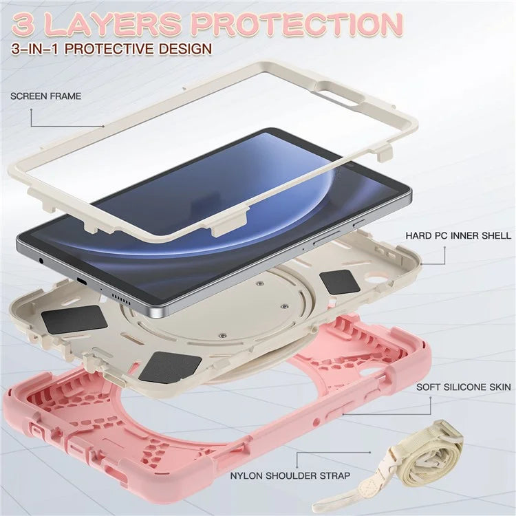 For Samsung Galaxy Tab A9 Case Rotary Kickstand PC+Silicone Cover with Shoulder Strap