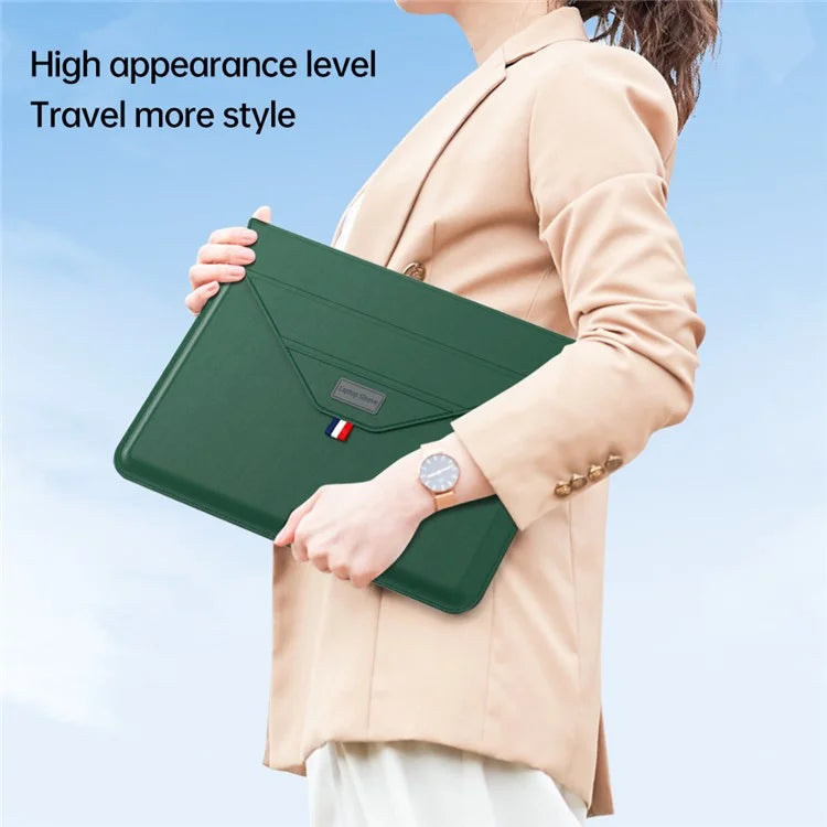13-14 Inch Padded Laptop Bag Stand PU Leather Envelope Laptop Case Carrying Sleeve Bagish Green