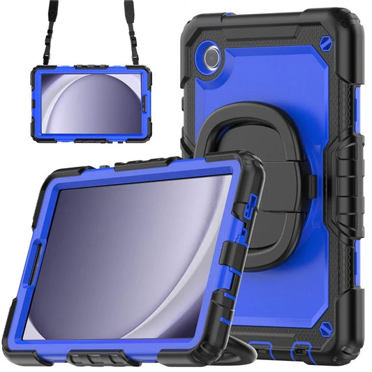 For Samsung Galaxy Tab A9 (SM-X110 / X115) PC+Silicone Case Impact Resistant Kickstand Tablet  Cover with Shoulder Strap+Dark Blue PC