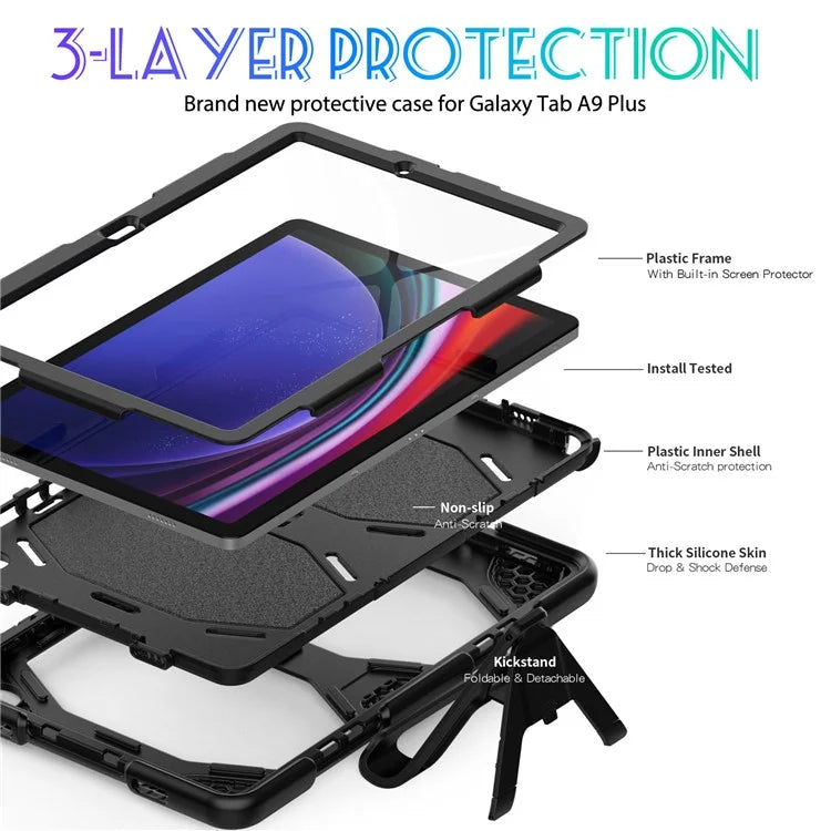 For Samsung Galaxy Tab A9+ SM-X210 SM-X216B SM-X215 PC+Silicone Tablet Case Dustproof Kickstand Cover with Shoulder Strap