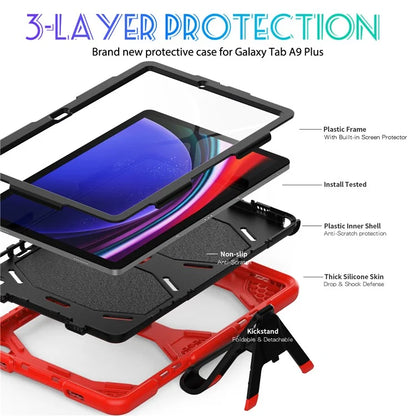 For Samsung Galaxy Tab A9+ SM-X210 SM-X216B SM-X215 PC+Silicone Tablet Case Dustproof Kickstand Cover with Shoulder Strap