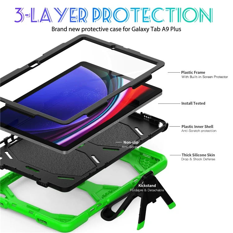 For Samsung Galaxy Tab A9+ SM-X210 SM-X216B SM-X215 PC+Silicone Tablet Case Dustproof Kickstand Cover with Shoulder Strap
