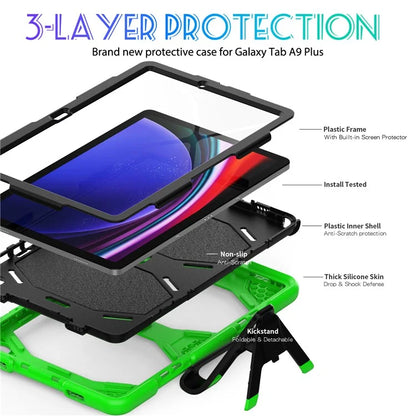For Samsung Galaxy Tab A9+ SM-X210 SM-X216B SM-X215 PC+Silicone Tablet Case Dustproof Kickstand Cover with Shoulder Strap