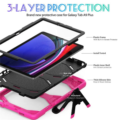 For Samsung Galaxy Tab A9+ SM-X210 SM-X216B SM-X215 PC+Silicone Tablet Case Dustproof Kickstand Cover with Shoulder Strap