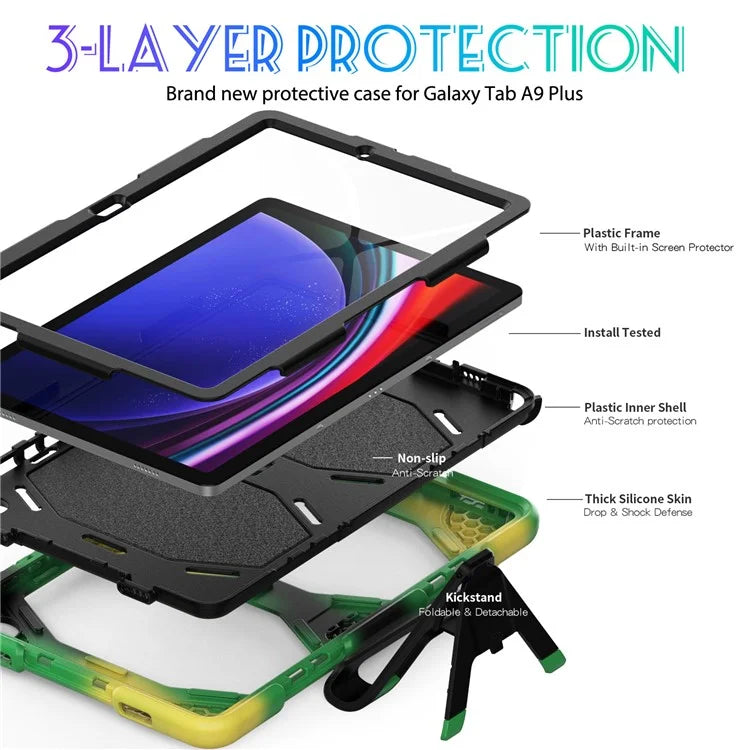 For Samsung Galaxy Tab A9+ SM-X210 SM-X216B SM-X215 PC+Silicone Tablet Case Dustproof Kickstand Cover with Shoulder Strap