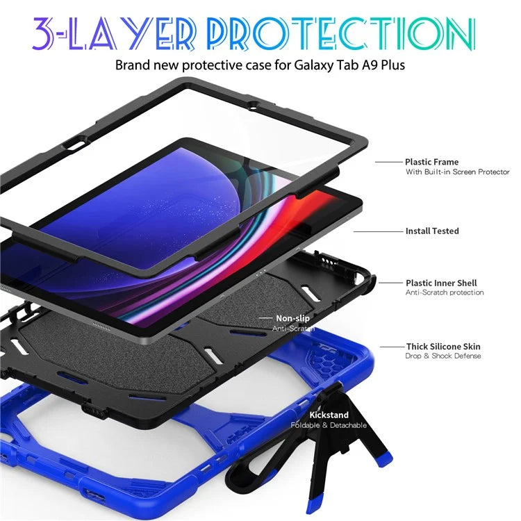 For Samsung Galaxy Tab A9+ SM-X210 SM-X216B SM-X215 PC+Silicone Tablet Case Dustproof Kickstand Cover with Shoulder Strap