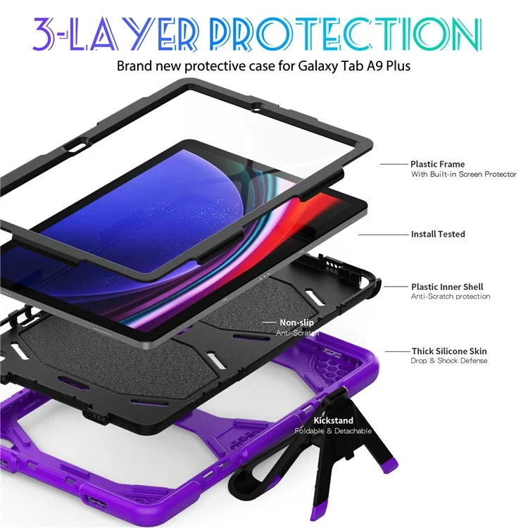 For Samsung Galaxy Tab A9+ SM-X210 SM-X216B SM-X215 PC+Silicone Tablet Case Dustproof Kickstand Cover with Shoulder Strap