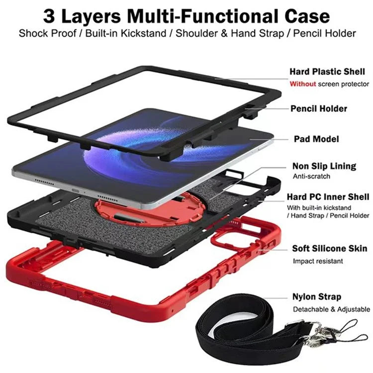 For Xiaomi Pad 6 / Pad 6 Pro Kickstand Cover Shock Absorbent Silicone+PC Tablet Case with Shoulder Strap