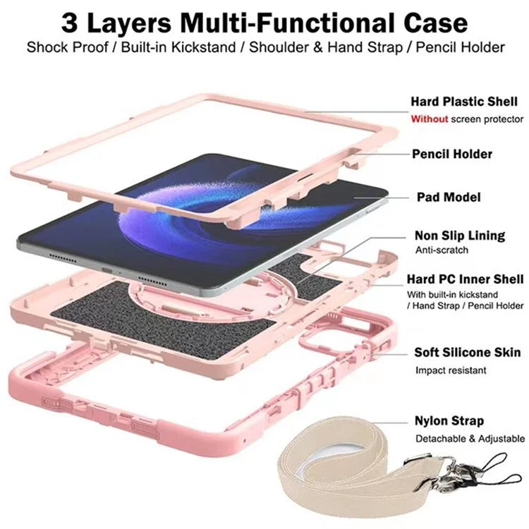 For Xiaomi Pad 6 / Pad 6 Pro Kickstand Cover Shock Absorbent Silicone+PC Tablet Case with Shoulder Strap
