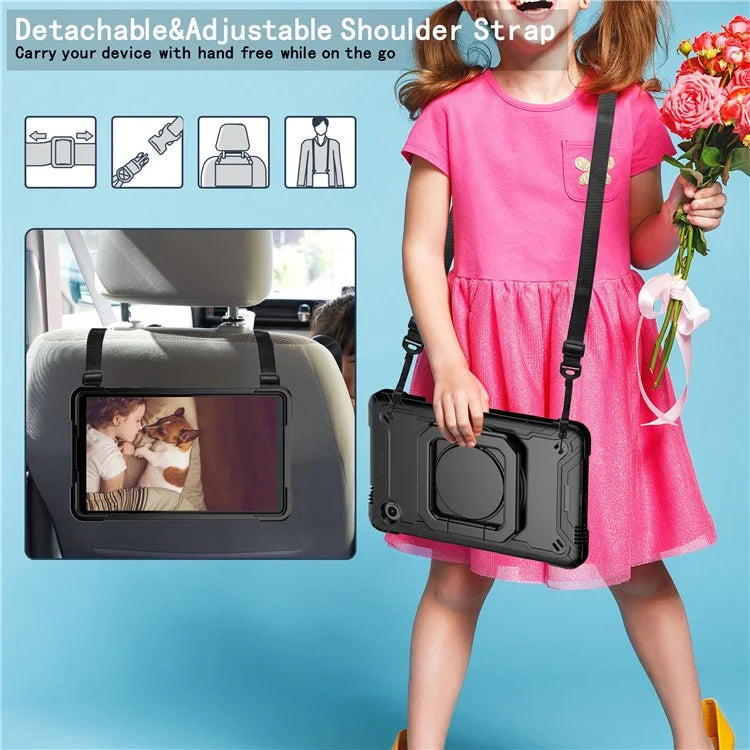 For Samsung Galaxy Tab A9 Rotating Kickstand Cover PC+Silicone Tablet Case with Shoulder Strap