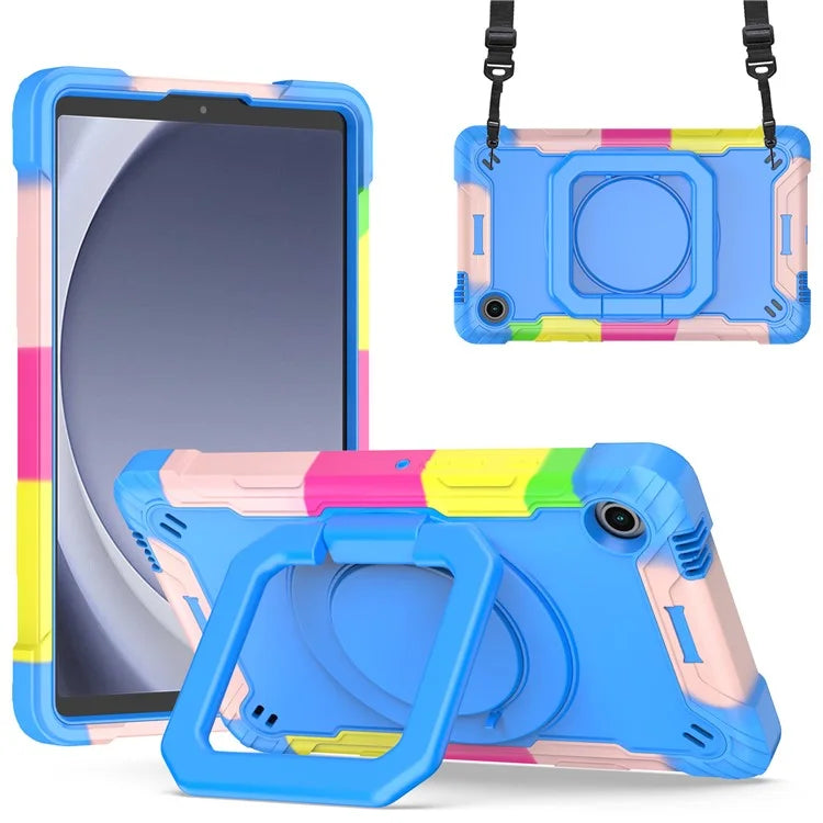 For Samsung Galaxy Tab A9 Rotating Kickstand Cover PC+Silicone Tablet Case with Shoulder Strap