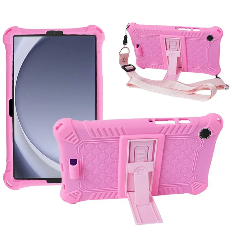 For Samsung Galaxy Tab A9 Retro Texture Silicone Case Kickstand Tablet Cover with Shoulder Strap
