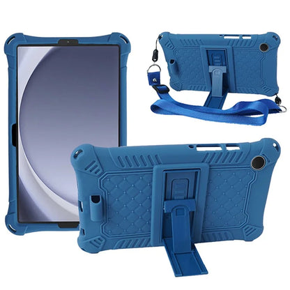 For Samsung Galaxy Tab A9 Retro Texture Silicone Case Kickstand Tablet Cover with Shoulder Strap