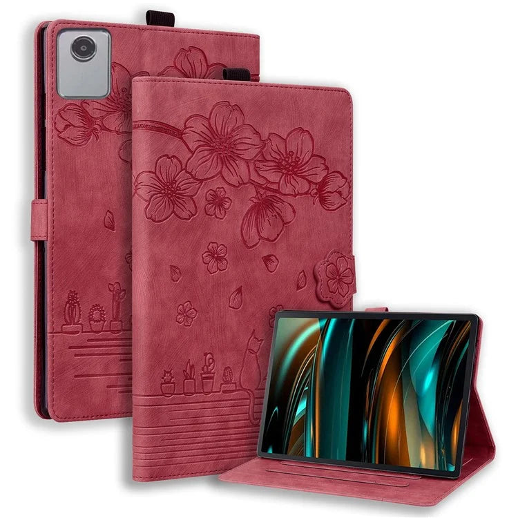 For Lenovo Tab M11 / Xiaoxin Pad 11 2024 Tablet Case Flower Cat Imprint Folio PU Leather Cover