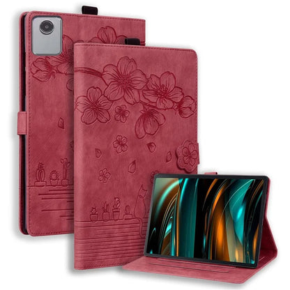 For Lenovo Tab M11 / Xiaoxin Pad 11 2024 Tablet Case Flower Cat Imprint Folio PU Leather Cover