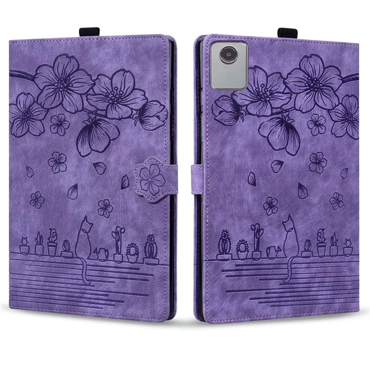 For Lenovo Tab M11 / Xiaoxin Pad 11 2024 Tablet Case Flower Cat Imprint Folio PU Leather Cover