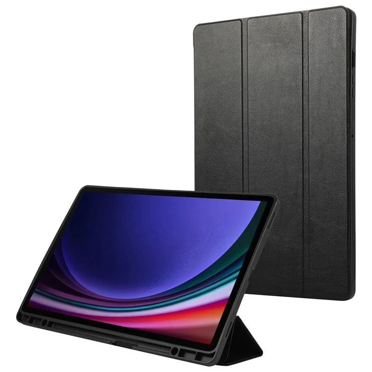 For Samsung Galaxy Tab S9+ / S9 FE+ Case Solid Color Tri-Fold Stand Anti-Drop PU Tablet Cover with Pencil Slot