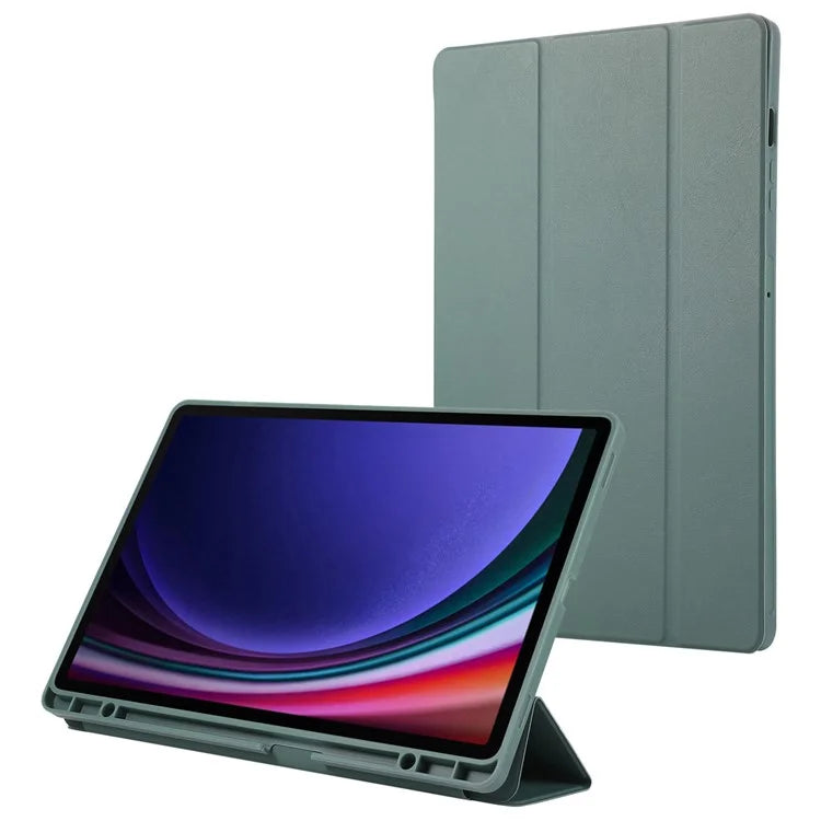For Samsung Galaxy Tab S9+ / S9 FE+ Case Solid Color Tri-Fold Stand Anti-Drop PU Tablet Cover with Pencil Slotish Green