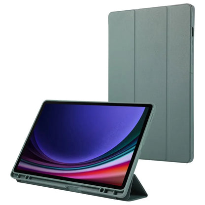 For Samsung Galaxy Tab S9+ / S9 FE+ Case Solid Color Tri-Fold Stand Anti-Drop PU Tablet Cover with Pencil Slotish Green