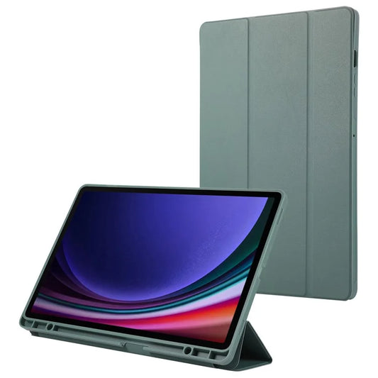 For Samsung Galaxy Tab S9+ / S9 FE+ Case Solid Color Tri-Fold Stand Anti-Drop PU Tablet Cover with Pencil Slotish Green