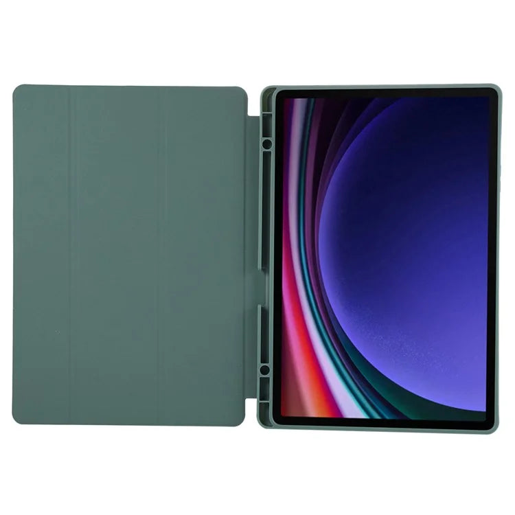 For Samsung Galaxy Tab S9+ / S9 FE+ Case Solid Color Tri-Fold Stand Anti-Drop PU Tablet Cover with Pencil Slotish Green