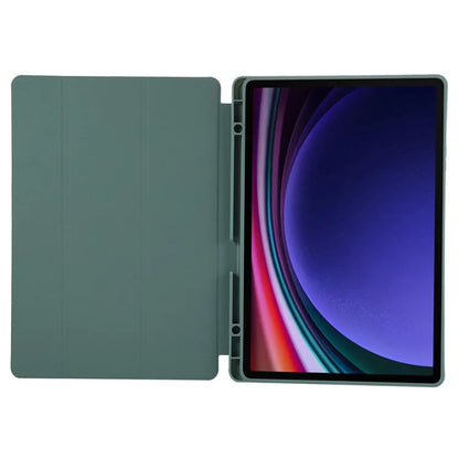 For Samsung Galaxy Tab S9+ / S9 FE+ Case Solid Color Tri-Fold Stand Anti-Drop PU Tablet Cover with Pencil Slotish Green