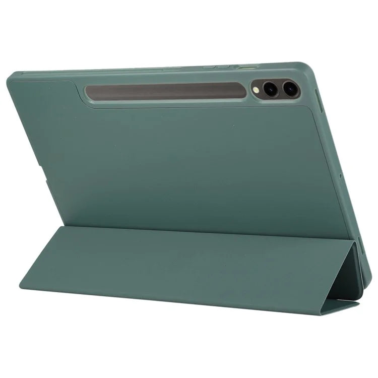 For Samsung Galaxy Tab S9+ / S9 FE+ Case Solid Color Tri-Fold Stand Anti-Drop PU Tablet Cover with Pencil Slotish Green