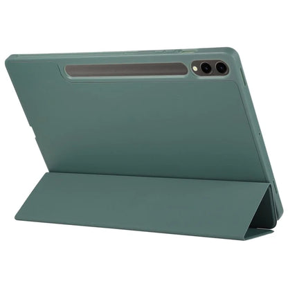 For Samsung Galaxy Tab S9+ / S9 FE+ Case Solid Color Tri-Fold Stand Anti-Drop PU Tablet Cover with Pencil Slotish Green