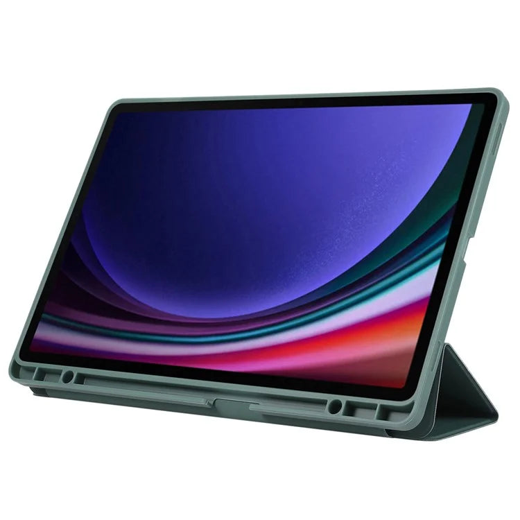 For Samsung Galaxy Tab S9+ / S9 FE+ Case Solid Color Tri-Fold Stand Anti-Drop PU Tablet Cover with Pencil Slotish Green