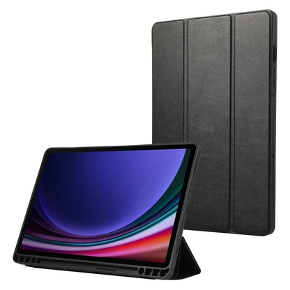 For Samsung Galaxy Tab S9 / Tab S9 FE Tablet Case Tri-Fold Stand Solid Color Shockproof PU Cover with Pencil Slot