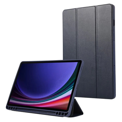 For Samsung Galaxy Tab S9 / Tab S9 FE Tablet Case Tri-Fold Stand Solid Color Shockproof PU Cover with Pencil Slot