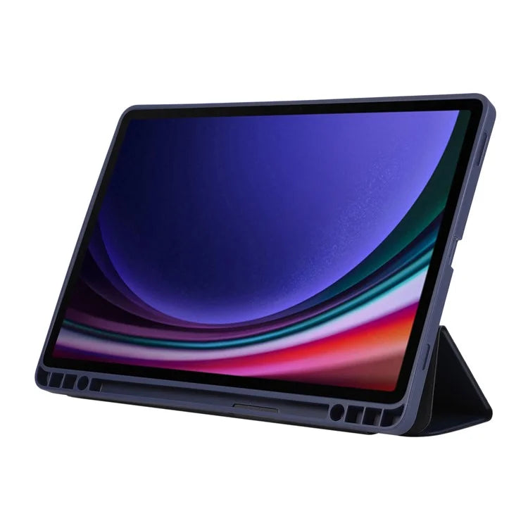 For Samsung Galaxy Tab S9 / Tab S9 FE Tablet Case Tri-Fold Stand Solid Color Shockproof PU Cover with Pencil Slot