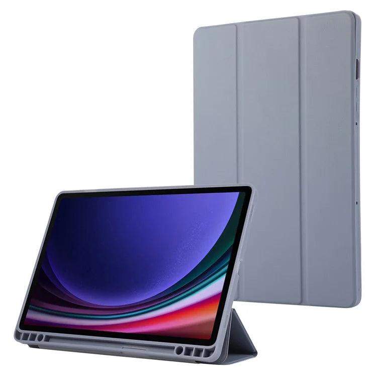 For Samsung Galaxy Tab S9 / Tab S9 FE Tablet Case Tri-Fold Stand Solid Color Shockproof PU Cover with Pencil Slot