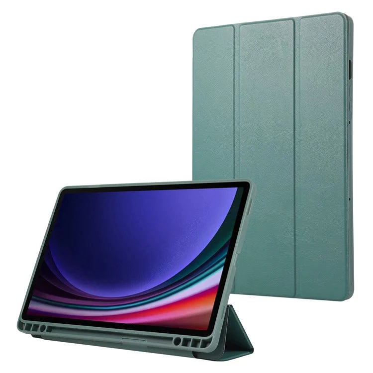 For Samsung Galaxy Tab S9 / Tab S9 FE Tablet Case Tri-Fold Stand Solid Color Shockproof PU Cover with Pencil Slotish Green