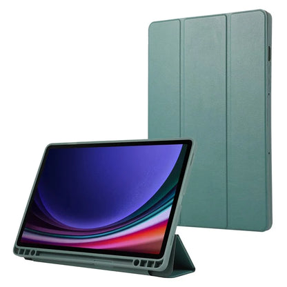 For Samsung Galaxy Tab S9 / Tab S9 FE Tablet Case Tri-Fold Stand Solid Color Shockproof PU Cover with Pencil Slotish Green
