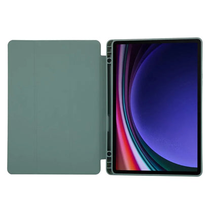 For Samsung Galaxy Tab S9 / Tab S9 FE Tablet Case Tri-Fold Stand Solid Color Shockproof PU Cover with Pencil Slotish Green
