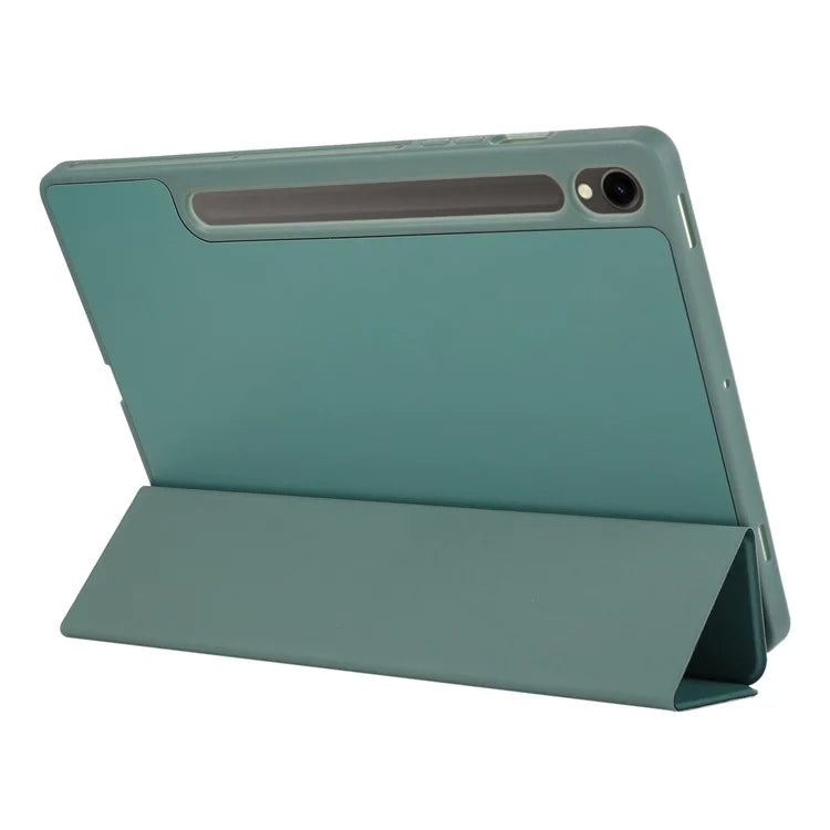 For Samsung Galaxy Tab S9 / Tab S9 FE Tablet Case Tri-Fold Stand Solid Color Shockproof PU Cover with Pencil Slotish Green