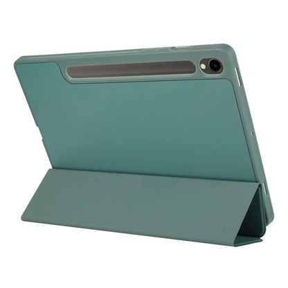 For Samsung Galaxy Tab S9 / Tab S9 FE Tablet Case Tri-Fold Stand Solid Color Shockproof PU Cover with Pencil Slotish Green