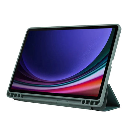 For Samsung Galaxy Tab S9 / Tab S9 FE Tablet Case Tri-Fold Stand Solid Color Shockproof PU Cover with Pencil Slotish Green