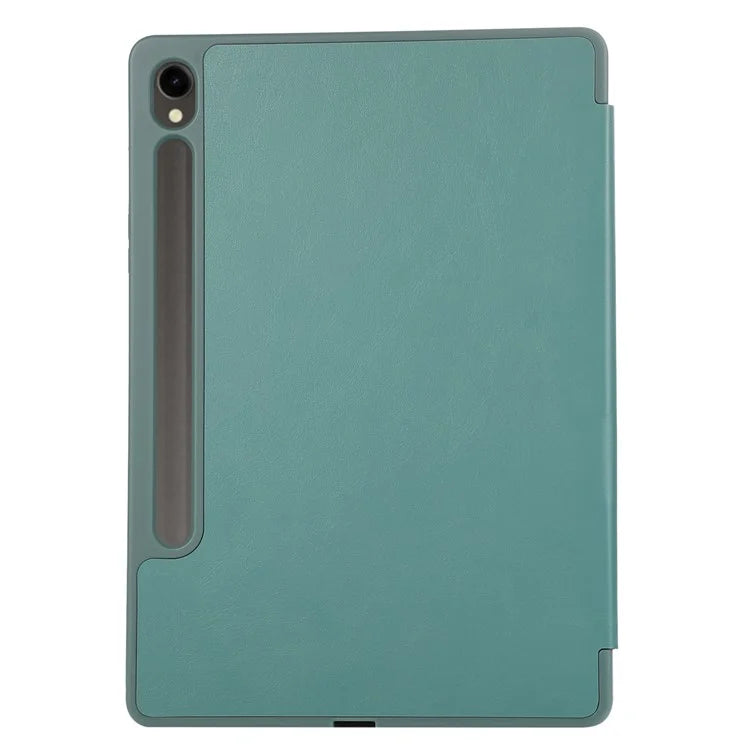 For Samsung Galaxy Tab S9 / Tab S9 FE Tablet Case Tri-Fold Stand Solid Color Shockproof PU Cover with Pencil Slotish Green