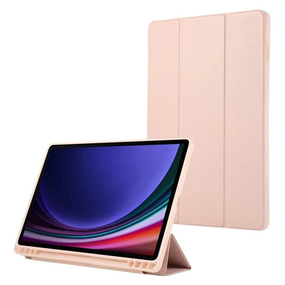 For Samsung Galaxy Tab S9 / Tab S9 FE Tablet Case Tri-Fold Stand Solid Color Shockproof PU Cover with Pencil Slot