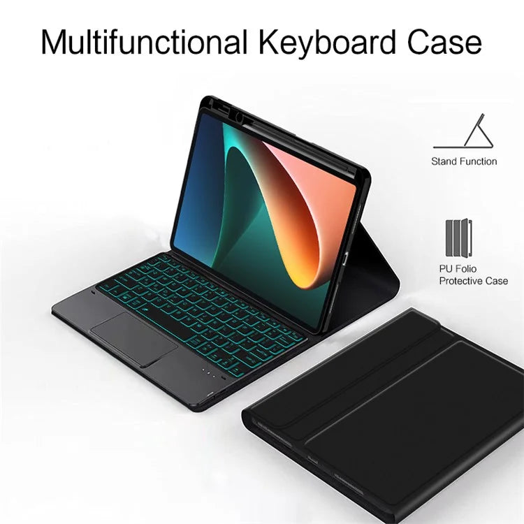 For Xiaomi Pad 5 Case Pen Slot Leather Tablet Cover with Touchpad Backlit Bluetooth Keyboard