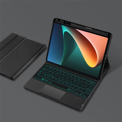 For Xiaomi Pad 5 Case Pen Slot Leather Tablet Cover with Touchpad Backlit Bluetooth Keyboard