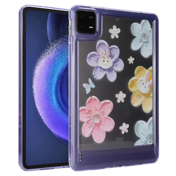 For Xiaomi Pad 6 Case Oil Painting Flower Pattern PC+TPU Tablet Cover and Rabbit