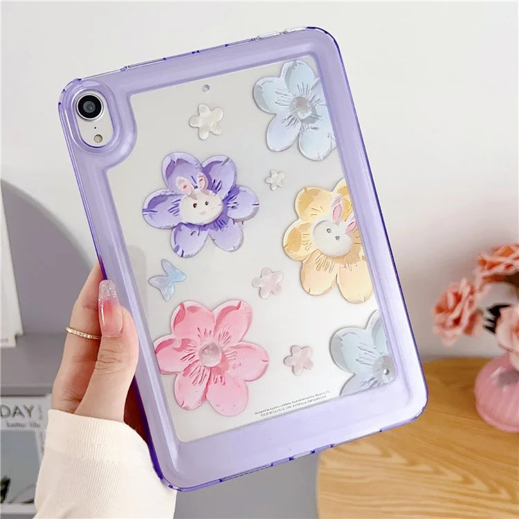 For iPad mini (2021) Case Oil Painting Flower Pattern Protective Tablet Cover and Rabbit