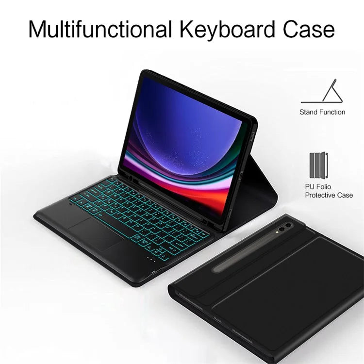 For Samsung Galaxy Tab S9+ Bluetooth Keyboard with Backlit, Touchpad, Card Slot PU+PC Tablet Case