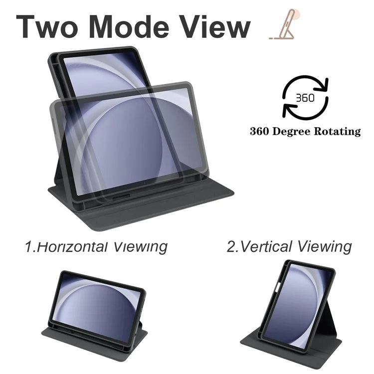 For Samsung Galaxy Tab A9+ Case PU Leather Flip Cover Rotary Stand Acrylic Tablet Case with Pen Holder