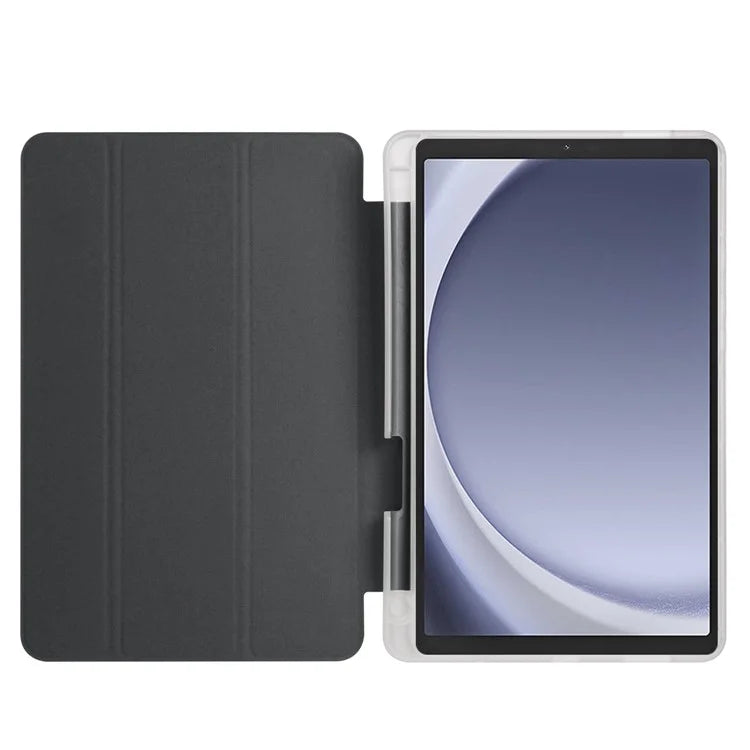 For Samsung Galaxy Tab A9+ Tablet Case Clear Back Tri-fold Leather Cover with Pen Slot