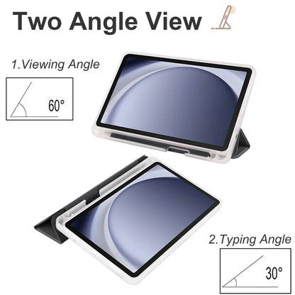 For Samsung Galaxy Tab A9+ Tablet Case Clear Back Tri-fold Leather Cover with Pen Slot